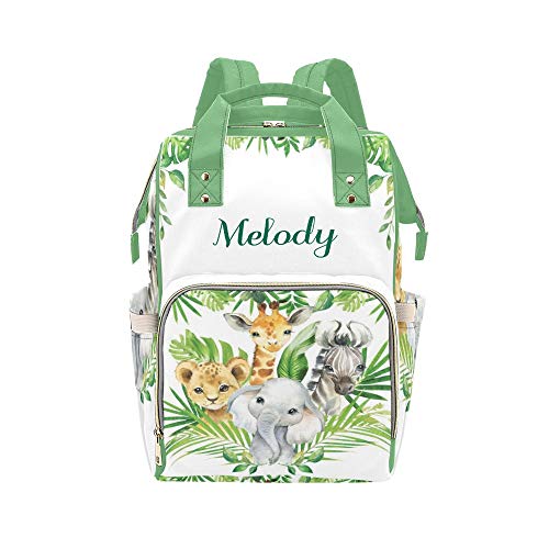 Jungle Safari Animals Nuetral Personalized Diaper Bag Backpack Tote with Name,Custom Travel Nappy Mommy Bag Backpack