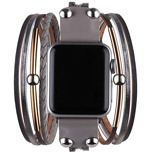VIKOROS Multi-Layer Leather Wrap Bracelet Compatible with Apple Watch Ultra SE Series 8 7 6 5 4 3 40mm 38mm 41mm for Women Mens, Boho Stylish Cuff Bangle Watch Strap for Iwatch Bands Black