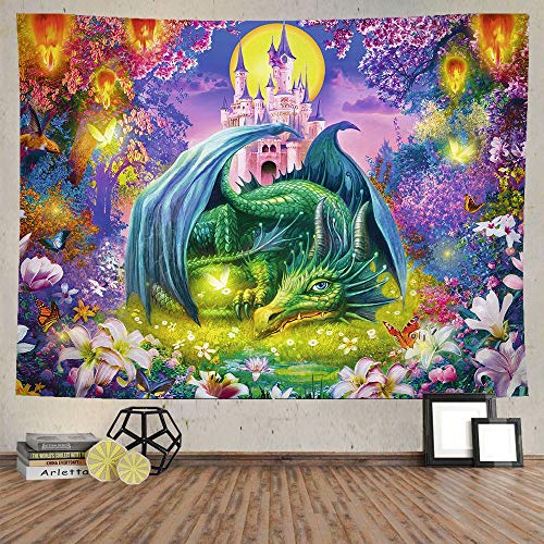 Ine Ive Fantasy Castle Dragon Moon Garden Tapestry Colorful Forest Flowers Butterfly Fairy Print Art Wall Hanging, Flannel Large Size 80 * 60 Inches, Living Room Bedroom Decoration Tapestry GTHHIE55