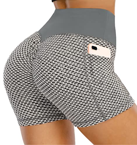 Cute Butt Lift Shorts for Women High Waisted Tummy Control Running Shorts with Pocket Honeycomb Workout Shorts for Women Summer White Grey L