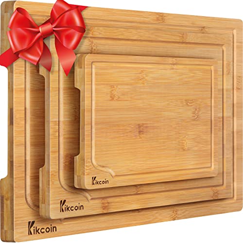 Bamboo Cutting Board, 3-Piece Kitchen Chopping Board with Juice Groove and Handles Heavy Duty Serving Tray Wood Butcher Block and Wooden Carving Board,Large,Kikcoin