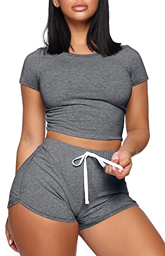 XIEERDUO Crop Tops for Women Casual Grey Summer Fitted Short Sleeve Crop Tops S