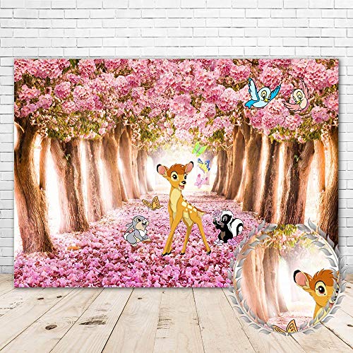 Bambi Backdrop for 1st Birthday Party 7×5 Pink Flowers Bambi and Butterfly Baby Shower Background for Girl Vinyl Spring Forest Bambi Themed Happy Birthday Backdrops for Kids
