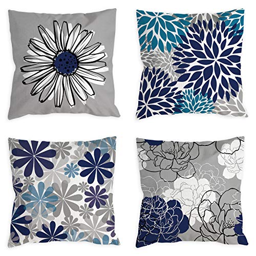 COLORPAPA Blue Pillow Covers 18×18 Set of 4 Grey Decorative Throw Pillow Cover for Couch Modern Daisy Pillows Case for Living Room Cushion Bed Outdoor Navy Blue and Gray Home Decor