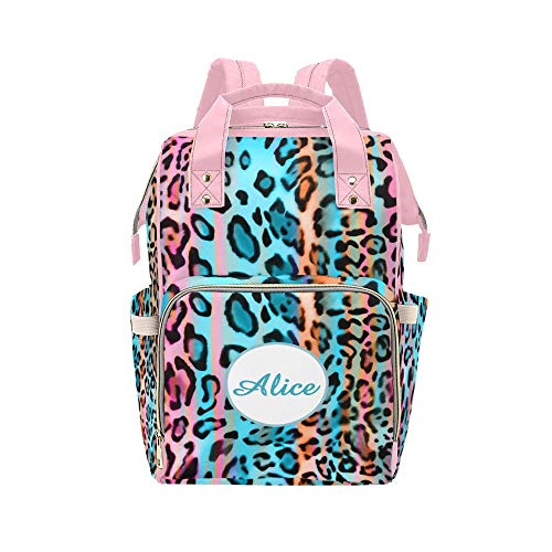 Personalized Rainbow Stripe Leopard Print Diaper Bag with Name Nappy Bags Casual Daypack Waterproof Mummy Backpack for Mom Girl