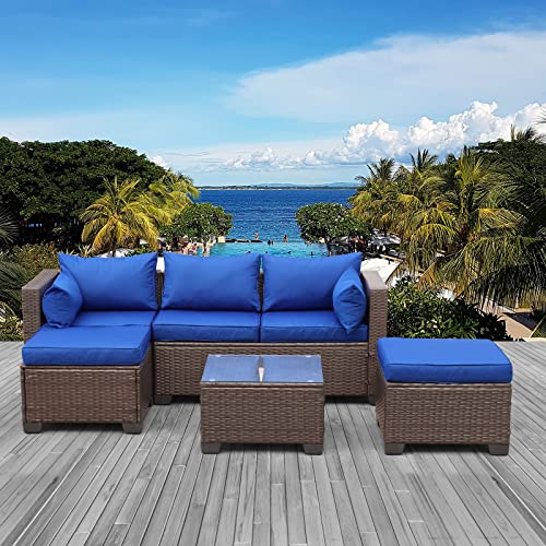 Valita 4-Piece Outdoor Rattan Furniture Set All-Weather PE Brown Wicker Sofa Patio Sectional Conversation Garden Couch with Royal Blue Cushion
