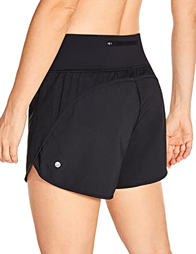CRZ YOGA Women’s High Waist Workout Running Shorts Mesh Liner 4” – Quick Dry Mesh Athletic Sport Gym Shorts Zip Pocket Black Medium