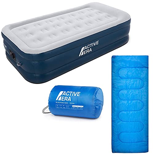 Active Era Overnight Bundle Twin Air Mattress and 3 Season Sleeping Bag – Elevated Inflatable Mattress with Built in Pump and Raised Pillow & Lightweight, Compact Sleeping Bag and Blanket