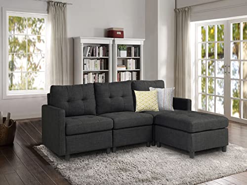 asunflower Convertible Sectional Sofa Set with Ottoman 3 Seats Modular Sectional Fabric Couches for Living Room Apartment Home Office – Deep Grey
