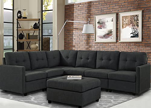 asunflower Sectional Sofa Ottoman Set 6 Seats Modular Corner Sectional Couches Living Room Furniture Sets Reversible L Shape Fabric Couches Dark Grey
