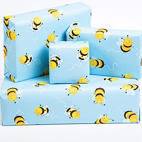 CENTRAL 23 – Blue Wrapping Paper – 6 Sheets – Bumblebee – Bee – Gift Wrap for Kids – Birthdays Easter Baby Shower Decoration – Men Women – Recyclable