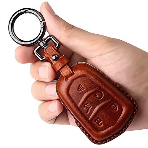 Tukellen for Cadillac Leather Key Fob Cover with Keychain Leather Key Case Key Shell 360 Degree Full Protection Compatible with Cadillac Escalade CTS SRX XT5 ATS STS CT6 5-Buttons-Brown