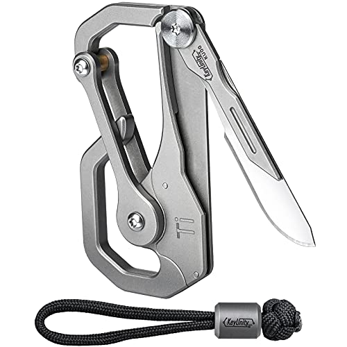KeyUnity KU00 Titanium Quickdraw Carabiner with Folding Knife, B Shaped EDC Multifunctional Keychain with 2 Inch Ruler, Palm Sized Lightweight Stainless Body Perfect for Home/Office/Camping