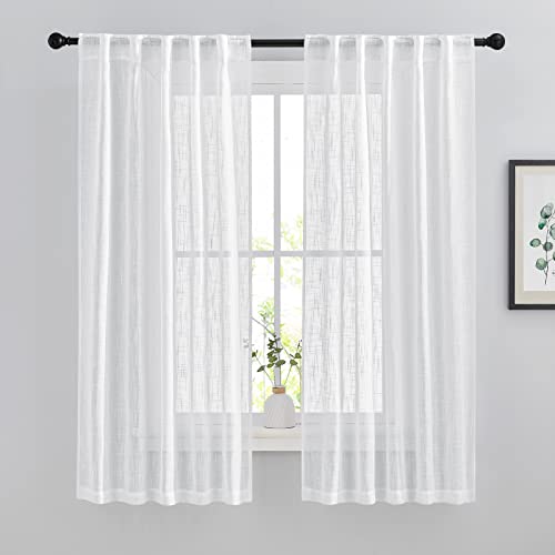 NICETOWN Linen Sheer Curtains for Windows 63″ Long, Rod Pockets & Back Tab Privacy Window Treatments Vertical Drapes with Light Filter for Bedroom/Nursery, 84″ Wide Total 2 Pieces, White