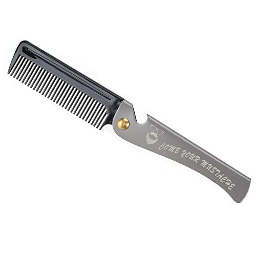 Folding Beard Comb, Stainless Steel Pocket Moustache Shaping Round Teeth Comb for Men Grooming (#02)