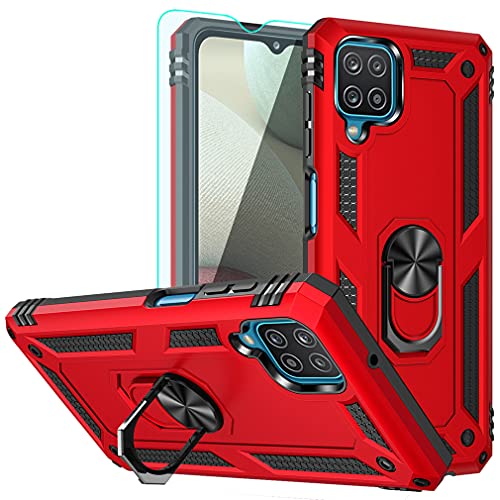YZOK for Galaxy A12 Case, Samsung A12 Case, with HD Screen Protector,[Military Grade] Ring Car Mount Kickstand Hybrid Hard PC Soft TPU Shockproof Protective Case for Samsung Galaxy A12 (Red)