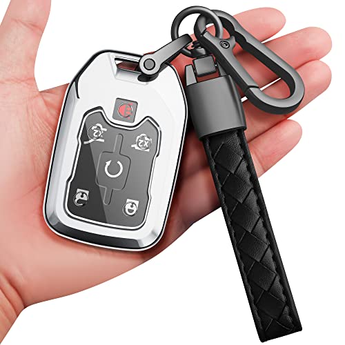 Sindeda for Chevrolet Key Fob Cover With Keychain TPU Full Protection Key Shell Key Case Compatible with 2017-2021 Chevrolet Chevy Silverado Suburban Tahoe GMC Acadia Sierra Terrain Yukon-Silver