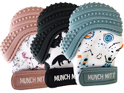 Malarkey Kids Munch Mitt 3-Pack | Baby Teething Mitten Protects Hands from Chewing & Saliva, Heals Aching Gums for Babies (Night Forest, Spring Flower, Outer Space) )