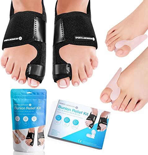 Sports Laboratory Bunion Corrector for Women and Men – Orthopedic Bunion Splints, Big Toe Straighteners and Bunion Relief Guide – Day and Night Support – Adjustable Size (Black)