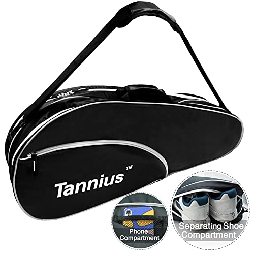 Tannius 3-5 Racket Tennis Bag, with Shoe & Phone Compartment and Protective Pad, Super Roomy and Lightweight Racquet Bag for Tennis, Badminton (Black)