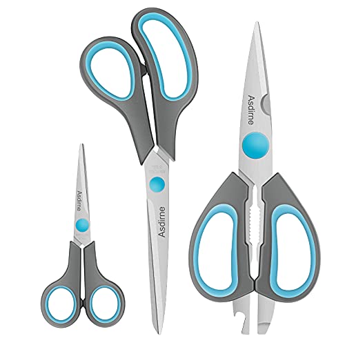 Asdirne Scissors Bundle, Kitchen Scissors with Sharp Stainless Steel Blades and Soft Handles, All Purpose Scissors Set, 3Pcs, 8.5″/8.5″/5.5″, Blue/Grey