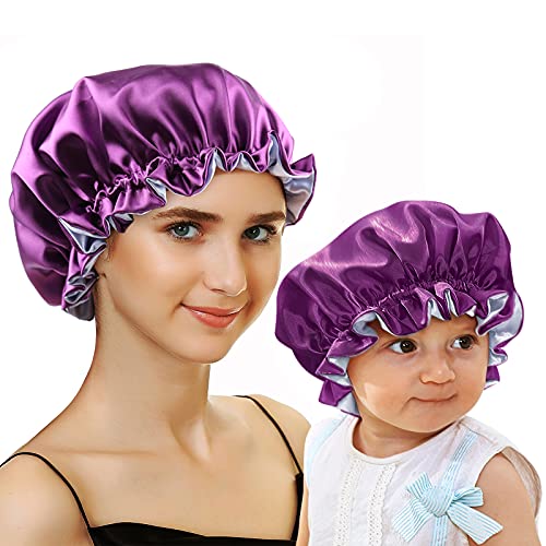 sent hair Mommy and Me Bonnet Set Satin Bonnet Sleep Cap Adjustable Hair Bonnet for Women and Baby,Kids,Toddler (0-3 Years Old) Curly Hair Cap Double Layer(Purple/Blue)