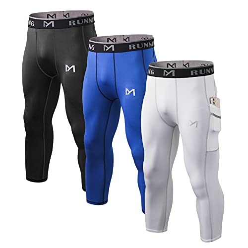 MEETYOO Men’s 3/4 Compression Pants with Pockets, Black+White+Blue