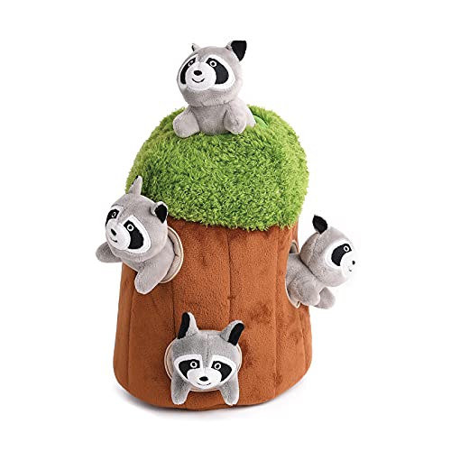 Interactive Squeaky Dog Toys Hide and Seek Activity Raccoon Dog Toy, Stuffing Woodland Friends Burrow, Squeaky Plush Dog Toy for Small Medium Large Dogs (Medium)