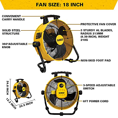 DEWALT Industrial Floor Fan, 18 Inch Drum Fan, 3-Speed Heavy Duty Air Circulator with Adjustable Tilt, Model: DXF1840 , Yellow | The Storepaperoomates Retail Market - Fast Affordable Shopping