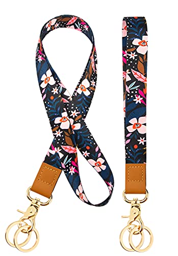 Wrist and Neck Lanyards for ID Badge Keys for Women Kids Teacher 2 Pack，Cute Car Key Neck Lanyards with 4 Keychain Multicolor Flower Pink
