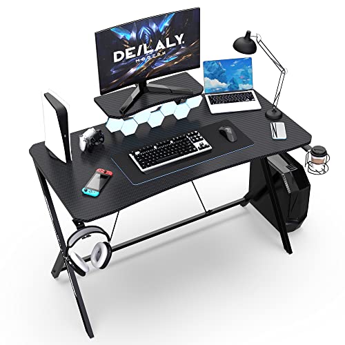 DEILALY Gaming Desk 45 Inch Computer Desk with Monitor Stand Shelf Escritorios Mesa Carbon Fiber Gaming Gamer Table Y Shaped Workstation with Mouse Pad Cup & Headphone Holder Home Office Desk Black