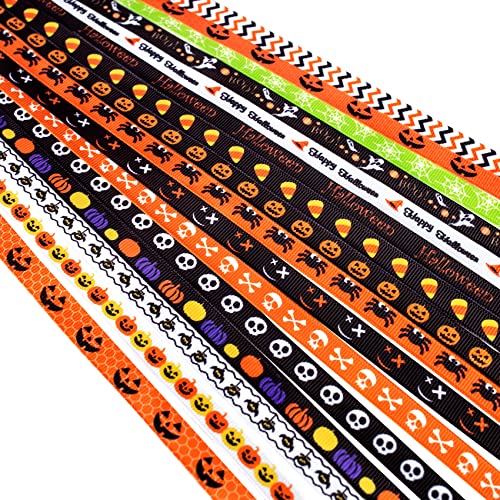 16 Halloween Ribbon 3/8 inch Grosgrain Ribbon Ghost Spider Thin Halloween Ribbon for Gift Wrapping, Bat Pumpkin Ribbons for Crafts Party Gifts Halloween Decorations (16 Yards)