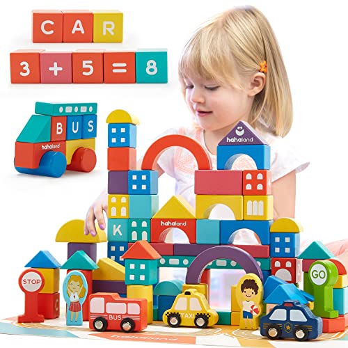 hahaland Wooden Blocks – Building Blocks Set with Number Alphabet Letter Car – City Construction Stacking Toddler Toys Montessori Toys for 3 Year Old Girls Boys Kids Building Toys for Ages 3-4-5-6