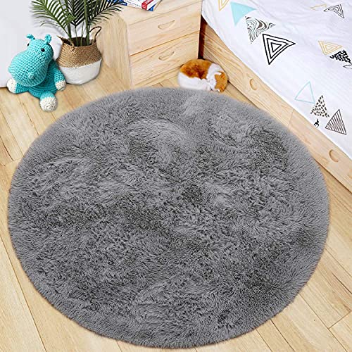 6′ Round Grey Area Rugs Kids Girls Boys Pets Room Carpets Bedroom Living Room Rugs Fluffy Soft Cute Shaggy Carpets Fuzzy Plush Circle Fur Room Decor Gift Rugs (6×6 Feet, Solid Grey)