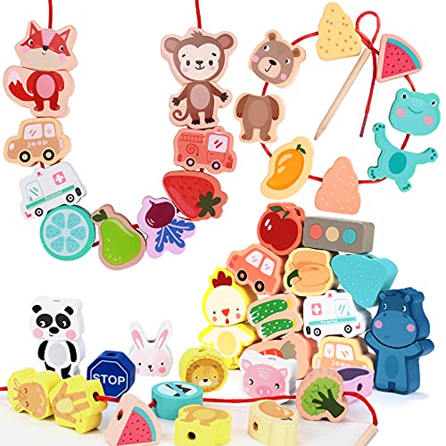 57 PCS Lacing Beads Wooden Primary String Threading Beads Animals Fruits Lacing Toy Preschool Fine Motor Skills Montessori Educational Toy for 3 4 5 6 7 8 Years Old Kids Boys Girls