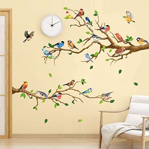 RW-ZSZ1069 Birds On Tree Wall Decals Tree Branch Wall Stickers Colorful Birds Green Tree Decals DIY Removable Colorful Flying Bird Tree Wall Art Decor for Kids Baby Bedroom Living Room Nursery Office