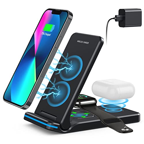 Wireless Charger, 3 in 1 Fast Charging Station, Folding Wireless Charger Stand for iPhone 14,13,12,11/Pro/Max/Mini/Plus, X,XR, XS/Max,SE, 8/Plus,Apple Watch 1-8,Airpods 3/2/Pro with 18W Adapter(Black)