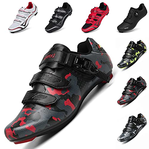 SAKITAMA Unisex Bicycle Men’s Women’s Cycling Shoes – Riding Spinning Road Shoe SPD Compatible Cleats with Peloton Shoes for Indoor Outdoor Camouflage Red