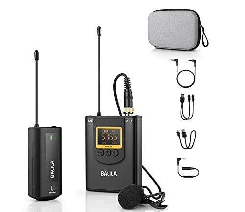 BALILA Wireless Lavalier Microphone System UHF Dual Lavalier Mic Lapel Microphone for iPhone/Android, DSLR Camera Microphone Real-time Audio Monitor Recording Vlog Transmitter 1 + Receiver 1
