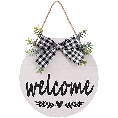 Welcome Sign Rustic Front Door Decor Round Wood Sign Hanging Welcome Farmhouse Porch Decoration Spring Summer Hello Door Sign Home Outdoor Wall Decor (White)