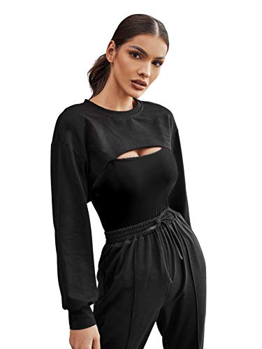 SheIn Women’s Basic Drop Shoulder Long Sleeve Pullover Crop Top Sweatshirts Black Large