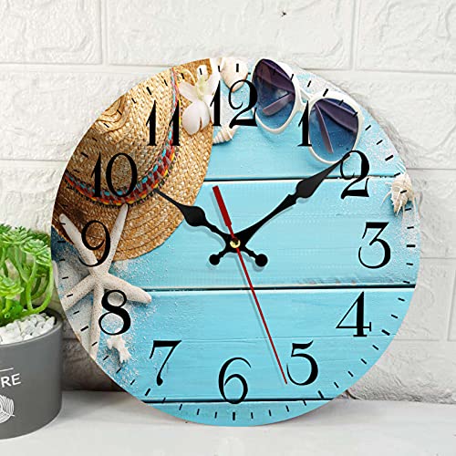 ArtSocket Wooden Wall Clock Silent Non-Ticking,Shell Starfish Ocean Round Rustic Coastal Wall Clocks Decor for Home Kitchen Living Room Office, Battery Operated(12 Inch)