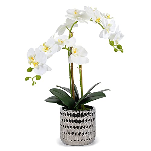 LIVILAN Artificial Orchids Flowers Silk Orchids White Phalaenopsis Orquideas Artificiales in Silver Pot Orquidea Artificial Flowers Bathroom Flower for Home Kitchen Table Centerpiece Living Room