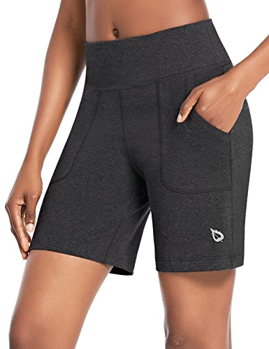 BALEAF Women’s 7″ Athletic Long Shorts High Waisted Running Bermuda Shorts with Pockets Dark Gray Large