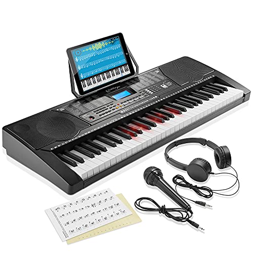 Ashthorpe 61-Key Digital Electronic Keyboard Piano with Full-Size Light Up Keys, Beginner Kit Includes Headphones, Mic and Keynote Stickers
