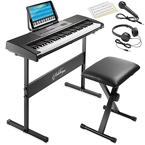 Ashthorpe 61-Key Digital Electronic Keyboard Piano, Beginner Kit with Stand, Bench, Headphones, Mic and Keynote Stickers