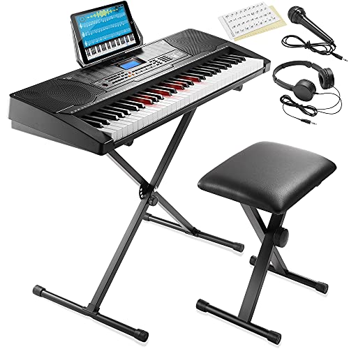 Ashthorpe 61-Key Digital Electronic Keyboard Piano with Full-Size Light Up Keys, Beginner Kit Includes Stand, Stool, Headphones, Mic and Keynote Stickers