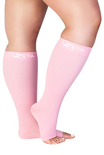 Zeta Plus Size Leg Sleeve Open Toe Support Socks – The Wide Calf Open Toe Compression Socks Women Love for Its Amazing Fit, Cotton-Rich Comfort, Graduated Compression & Soothing Relief, 1 Pair, Size 2XL, Pink