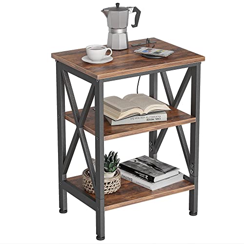 CubiCubi Oxford Side Table, Dual USB Charging Ports End Table, Nightstand Steel Frame, Home Decorative for Living Room Bedroom, Wooden Shelves and Rustic Style, Deep Rustic Brown
