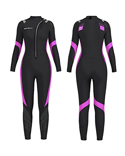 Seaskin Wetsuit Women 3mm Neoprene Full Body Diving Suits Front Zip Wetsuit for Diving Snorkeling Surfing Swimming (Womens Black+Fuchsia, Medium)
